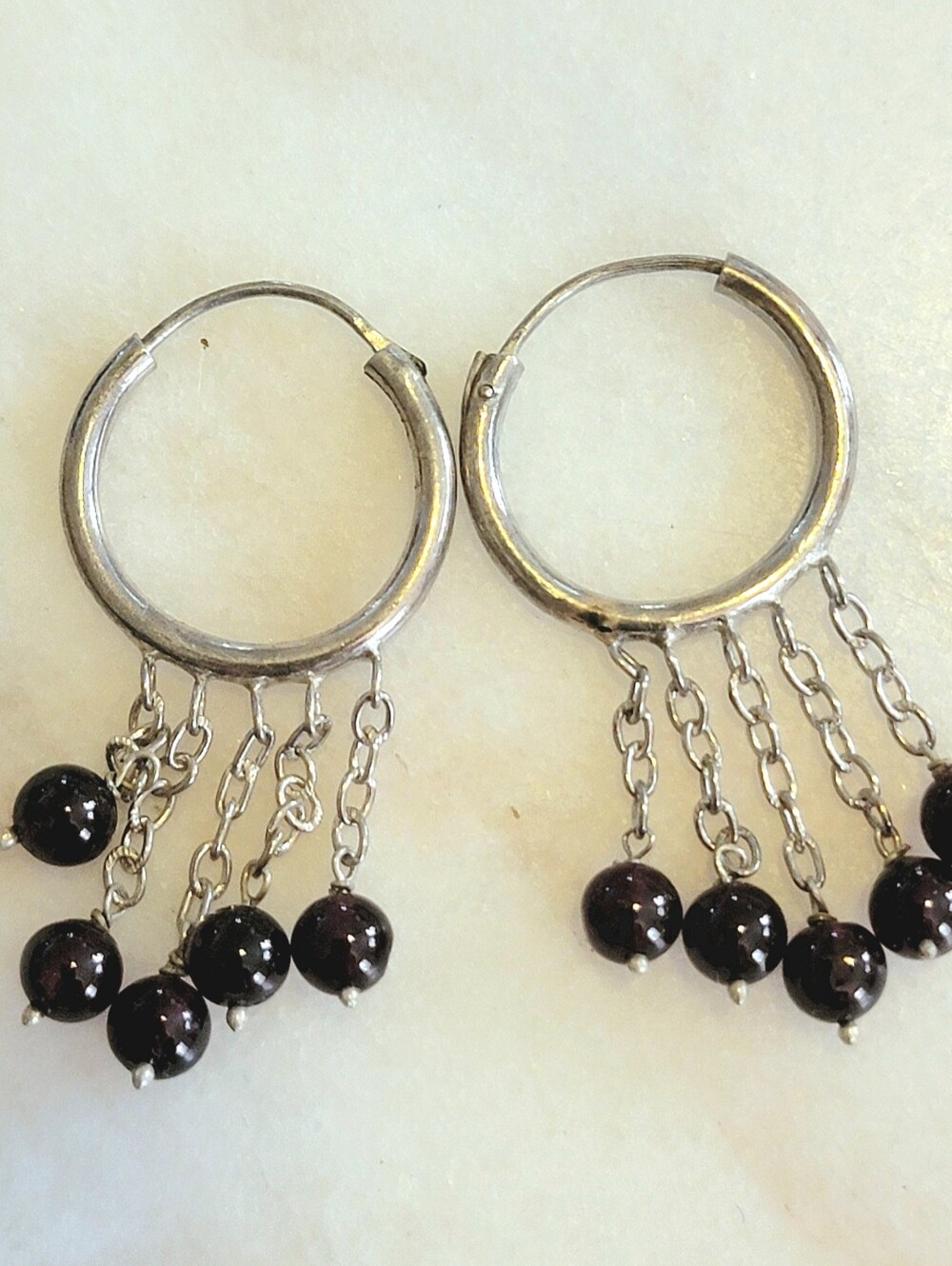 Silver Hoop Earrings with Dark Purple Bead Dangles